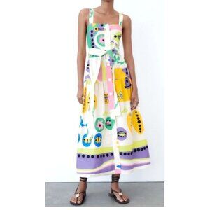 Zara Women's XS Printed Multicolor Midi Dress With Belt and front buttons